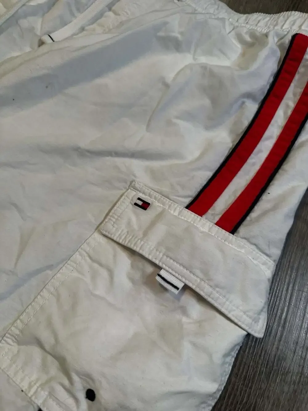 Tommy Hilfiger Men's White Cargo Swim Trunks with Red and Navy Side Stripe